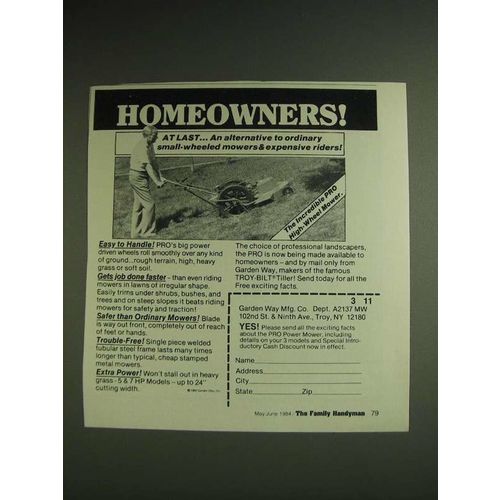 1984 Garden Way Troy-Bilt Tiller Ad - Homeowners!