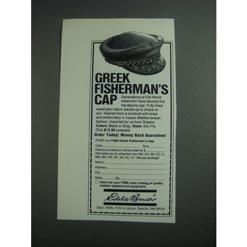 1984 Eddie Bauer Greek Fisherman's Cap Ad