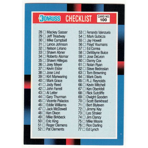 1988 Donruss Baseball Checklist unmarked card #100