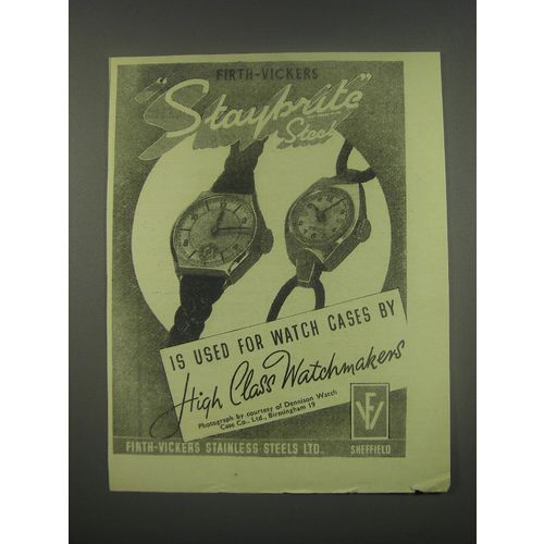 1949 Firth-Vickers Staybrite Steel Ad - Used for Watch Cases