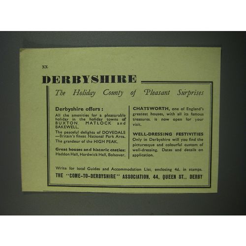 1949 Derbyshire England Ad - The Holiday county of pleasant surprises