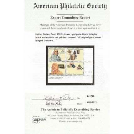 2782b, MNH 29¢ Black & Maroon Colors Omitted Error With APS Cert - Stuart Katz