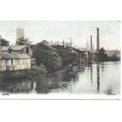 DERBY - Derbyshire Postcard - River, Chimneys, Church