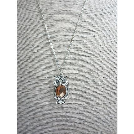 Brown Owl Chakra Beads Antique Silver Heart Silver Heart Pendant Necklace
