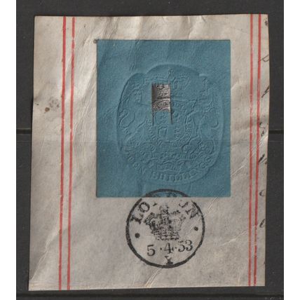 GB 1853 - Revenue Blue Embossed 10/- Queen Victoria Escutcheon Seal