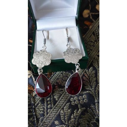Vintage 1990-s 925 Sterling Silver Garnet Large Earrings - Hallmarked