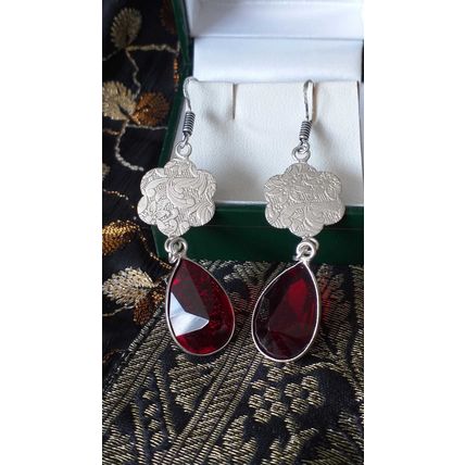 Vintage 1990-s 925 Sterling Silver Garnet Large Earrings - Hallmarked