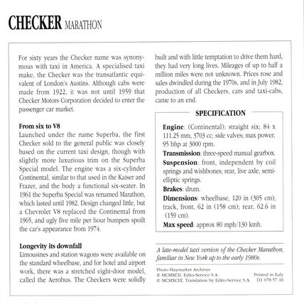 Collectors Club card. Classic Cars. Checker Marathon New York taxi cab