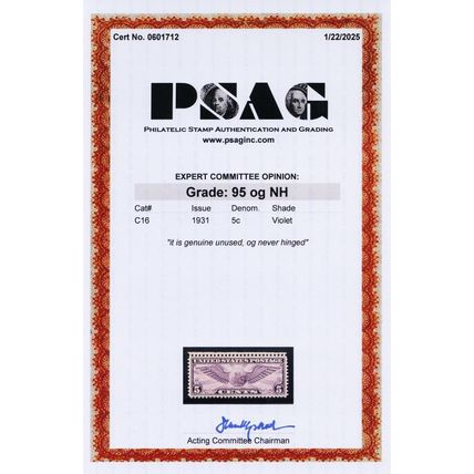 C16, Mint XF/Superb NH 5¢ With Graded 95 PSAG Certificate - Stuart Katz