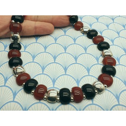 Vintage Chunky 925 Sterling Silver Onyx & Carnelian Statement Necklace with Box