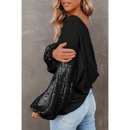 Black Sequin Patchwork Sleeve Open Back Waffle Knit Top