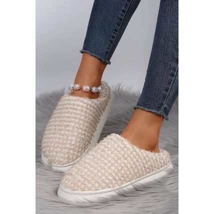 Pale Khaki Two-tone Knitted Warm Homewear Slippers