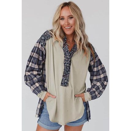 Blue Floral Plaid Mixed Print Bishop Sleeve Patchwork Top