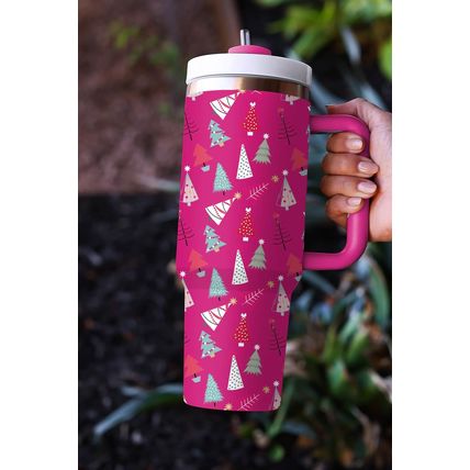 Rose Red Cartoon Christmas Tree Printed Thermos Cup