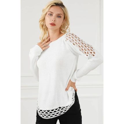 White Solid Scoop Neck Hollow Out Sweater