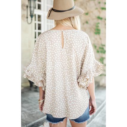 Khaki Dolman Ruffled Sleeve Loose Blouse
