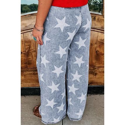 Light Blue Star Print Light Wash Drawstring High Waist Wide Leg Jeans