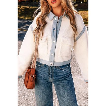 White Contrast Trim Buttoned Sherpa Jacket