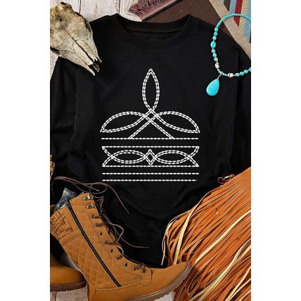 Black Western Pattern Print Round Neck Pullover Sweatshirt