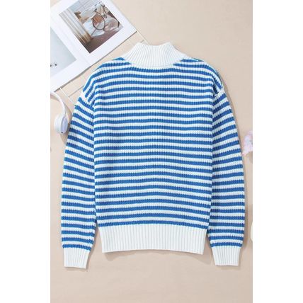 Sky Blue Stripe Zip up Collar Drop Shoulder Sweater