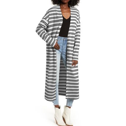 Black Stripe Print Open Front Duster Cardigan