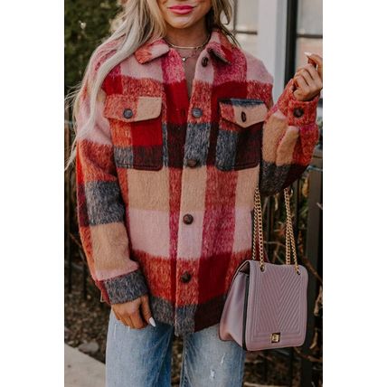 Orange Plaid Print Flap Pockets Buttoned Casual Plus Size Jacket