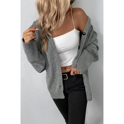 Medium Grey Drawstring Hooded Button Up Drop Shoulder Sweater Cardigan