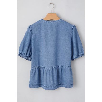 Dusk Blue Tied Front Bubble Sleeve Peplum Denim Shirt