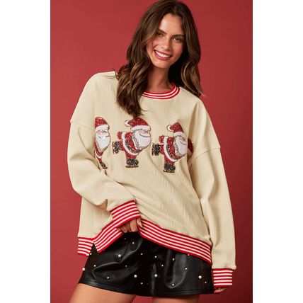 Beige Santa Skiing Graphic Striped Trim Corded Sweatshirt