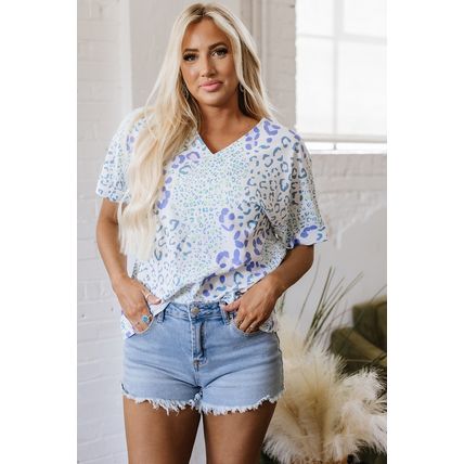 Sky Blue Mixed Leopard Print V Neck Short Sleeve Blouse