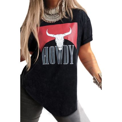 Black Western HOWDY Steer Head Print Side Slits Loose Fit T Shirt