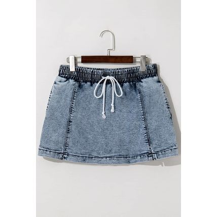 Dusk Blue Drawstring High Waist Pocketed Denim Shorts