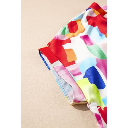 Colorful Brush Stroke Printed Plus Size Button Split Neck Blouse