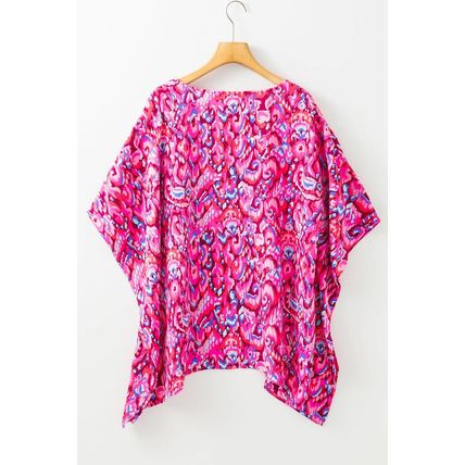 Pink Abstract Print V Neck Half Sleeve Loose Fit Tunic Blouse