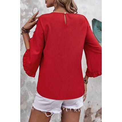 Fiery Red Ruffle Trimmed 3/4 Sleeve Round Neck Blouse