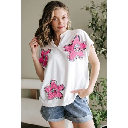 White Floral Applique Notched V Neck Dolman Sleeve Top