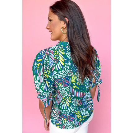 Green Brushwork Geometric Print Puff Sleeve Notched Neck Blouse