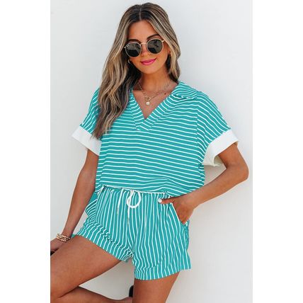 Sky Blue Stripe V Neck Tee and Casual Short Set