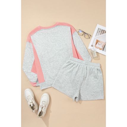 Light Grey Color Block Raw Hem Pullover and Casual Shorts Set