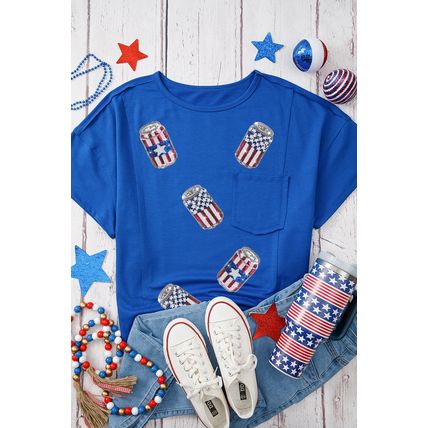 Blue Sequined American Flag Pop Can Pattern Oversized Tee