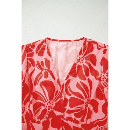 Red Boho Floral Short Sleeve V Neck Buttoned Shirred Waist Long Dress