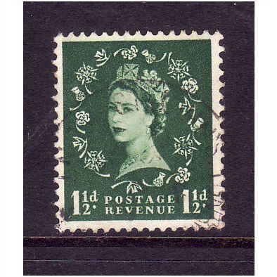 GREAT BRITAIN 1952 SG517 QEII TUDOR 1 1/2d GREEN FINE USED #2