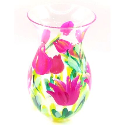 Pink Tulips Floral Vase Glass Handpainted 18 CM Gift Home Decor Ornament