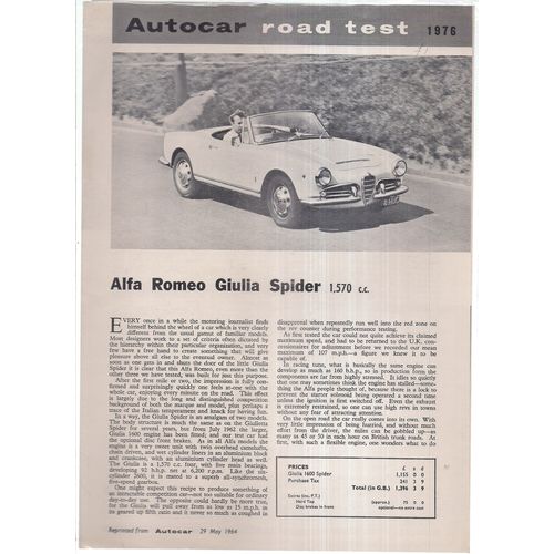 ALFA ROMEO GIULIA SPIDER 1,570 cc. AUTOCAR ROAD TEST reprint from May 1964