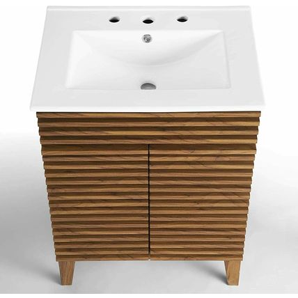 Mid-Century Modern Bathroom Vanity Walnut Grain Laminate Tapered Legs White Sink