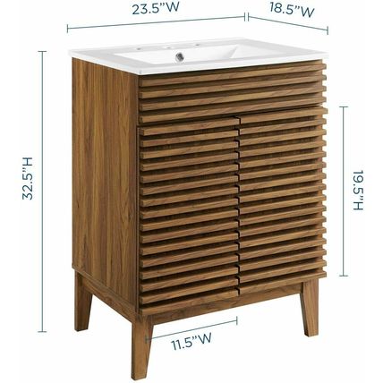 Mid-Century Modern Bathroom Vanity Walnut Grain Laminate Tapered Legs White Sink
