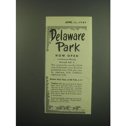 1949 Delaware Park Racetrack Ad - Delaware Park Now Open