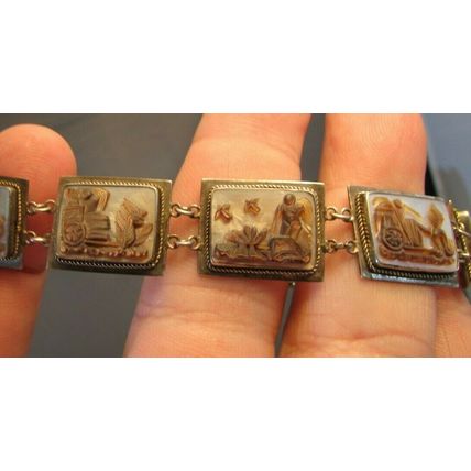 Vintage 800 Silver Carved Shell Cameo 6.5" Bracelet 7 Days of Week Giovanni Apa