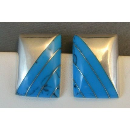 VINTAGE TURQUOISE STERLING SILVER CII MEXICO EARRINGS Square Art deco Style 17.g