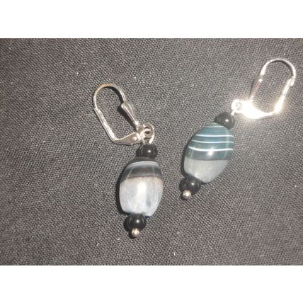 White black grey banded agate barrel leverback earrings